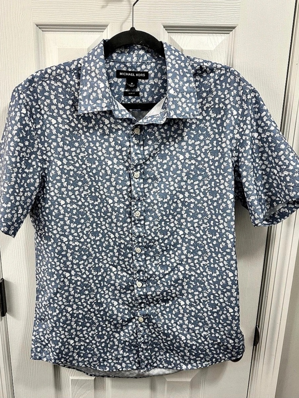 Michael Kors Blue Floral Print Short Sleeve Slim Fit Button Down Shirt Medium